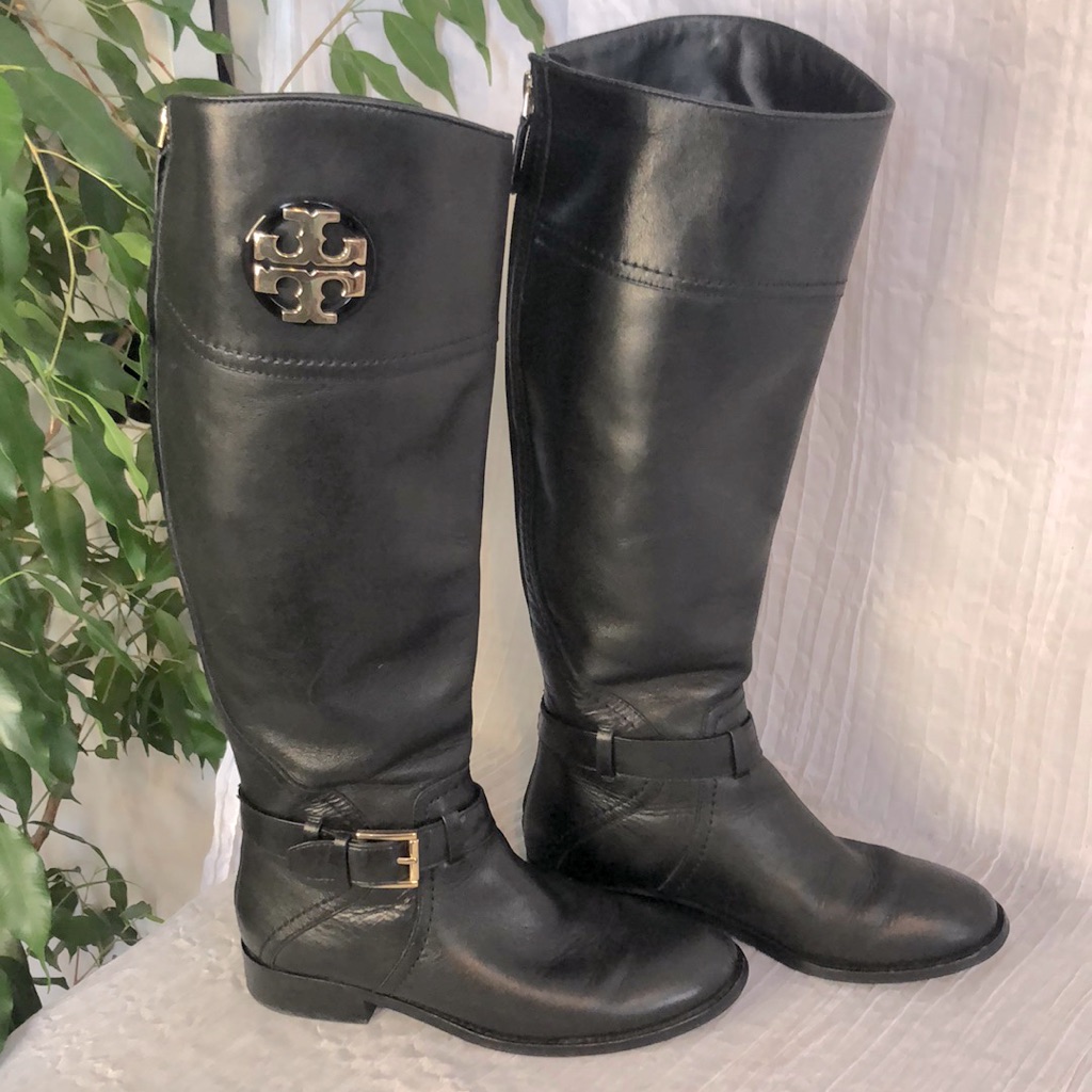 Tory Burch Adeline Size 5.5 Black Leather Riding Boots Large Gold Miller Logo